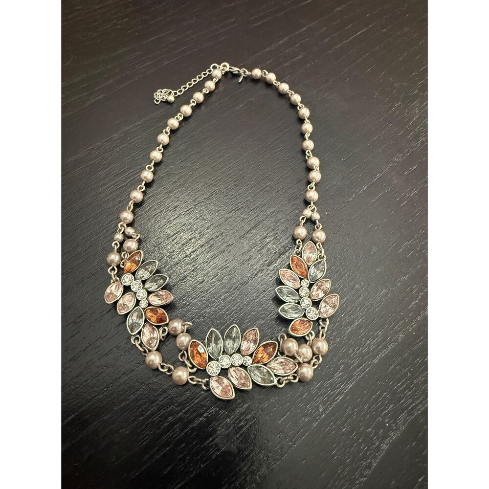 Vintage Floral Multi-color Rhinestone with Silver Pearl Chain, Matching Earrings